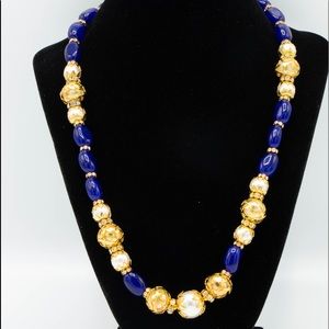 Beautiful Blue Golden Handmade Beaded Necklace
